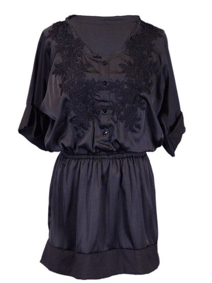 Anna-Kaci Sweet Glamour Satin Floral Embroidered Button Up Sleeve Dress