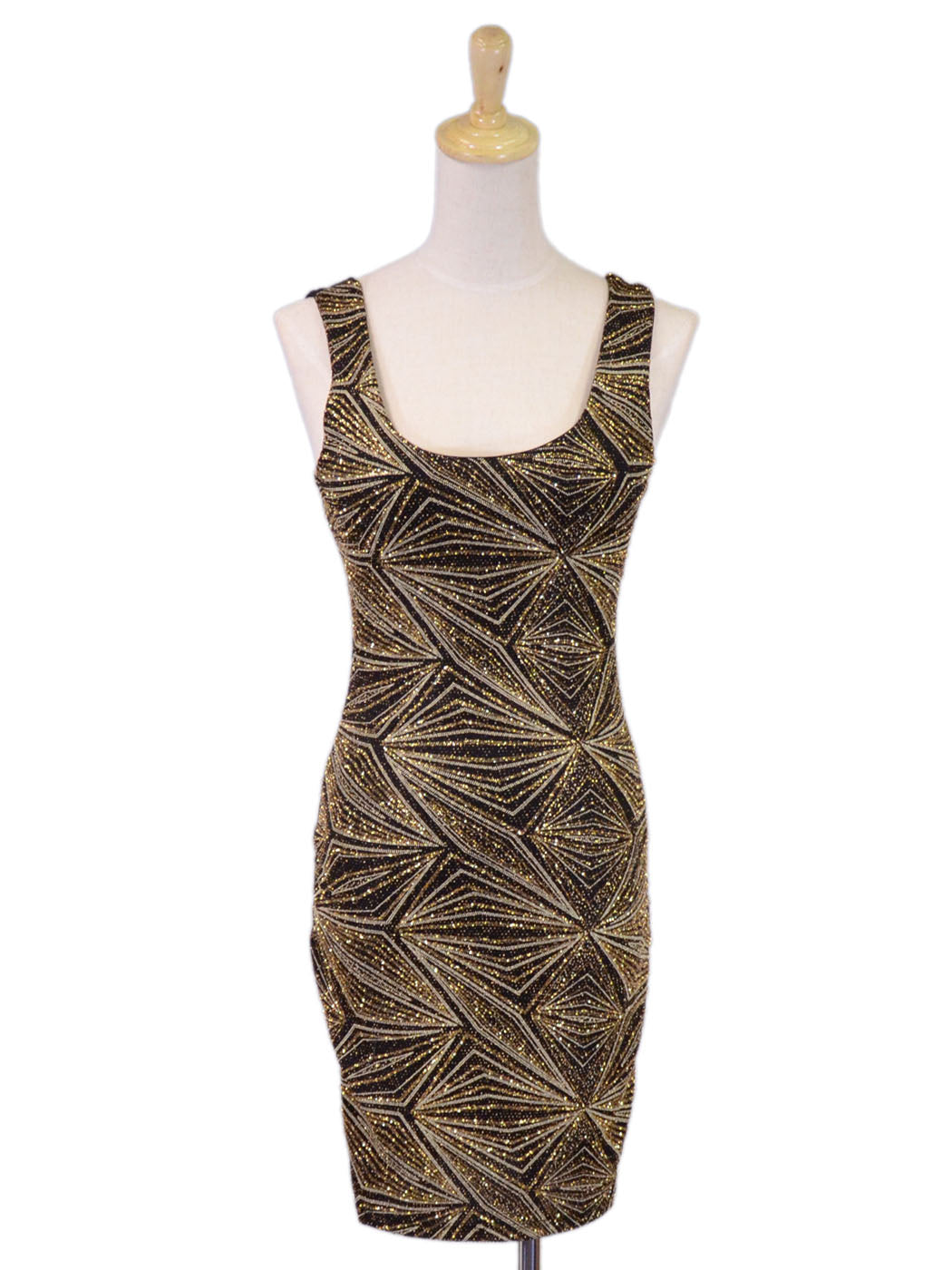 Millibon Sexy Gold Metallic Diamond Evening Fitted Contrast Tank Dress