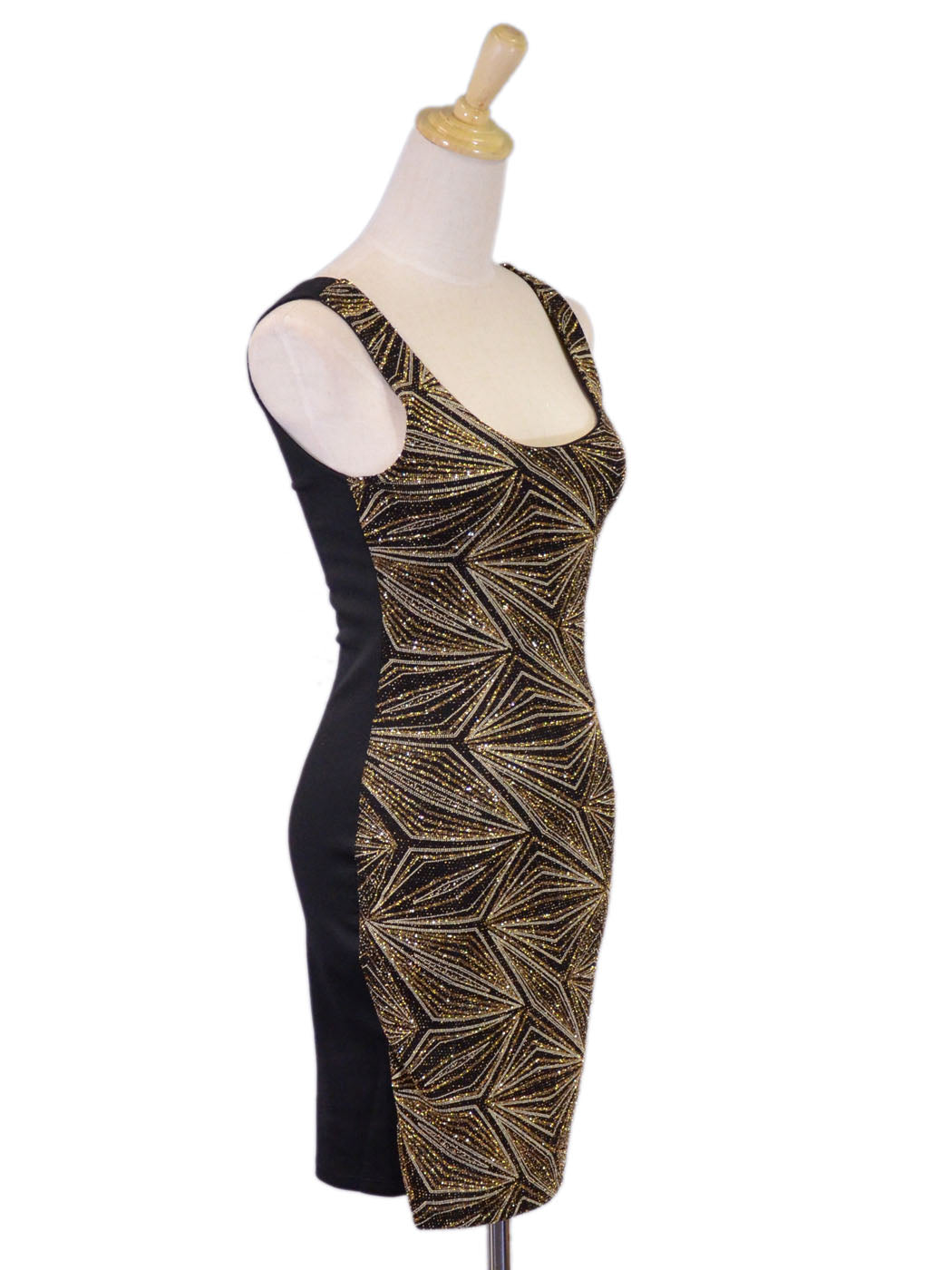 Millibon Sexy Gold Metallic Diamond Evening Fitted Contrast Tank Dress