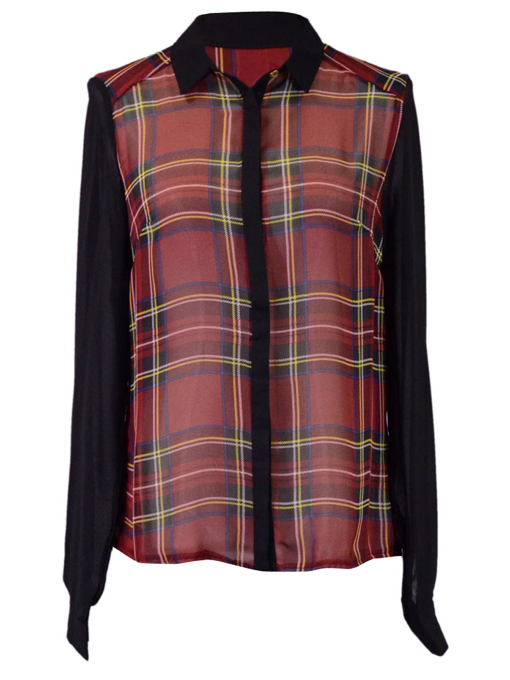 Oxford Circus Preppy Plaid Checker Sheer Long Sleeves Color Blouse Top