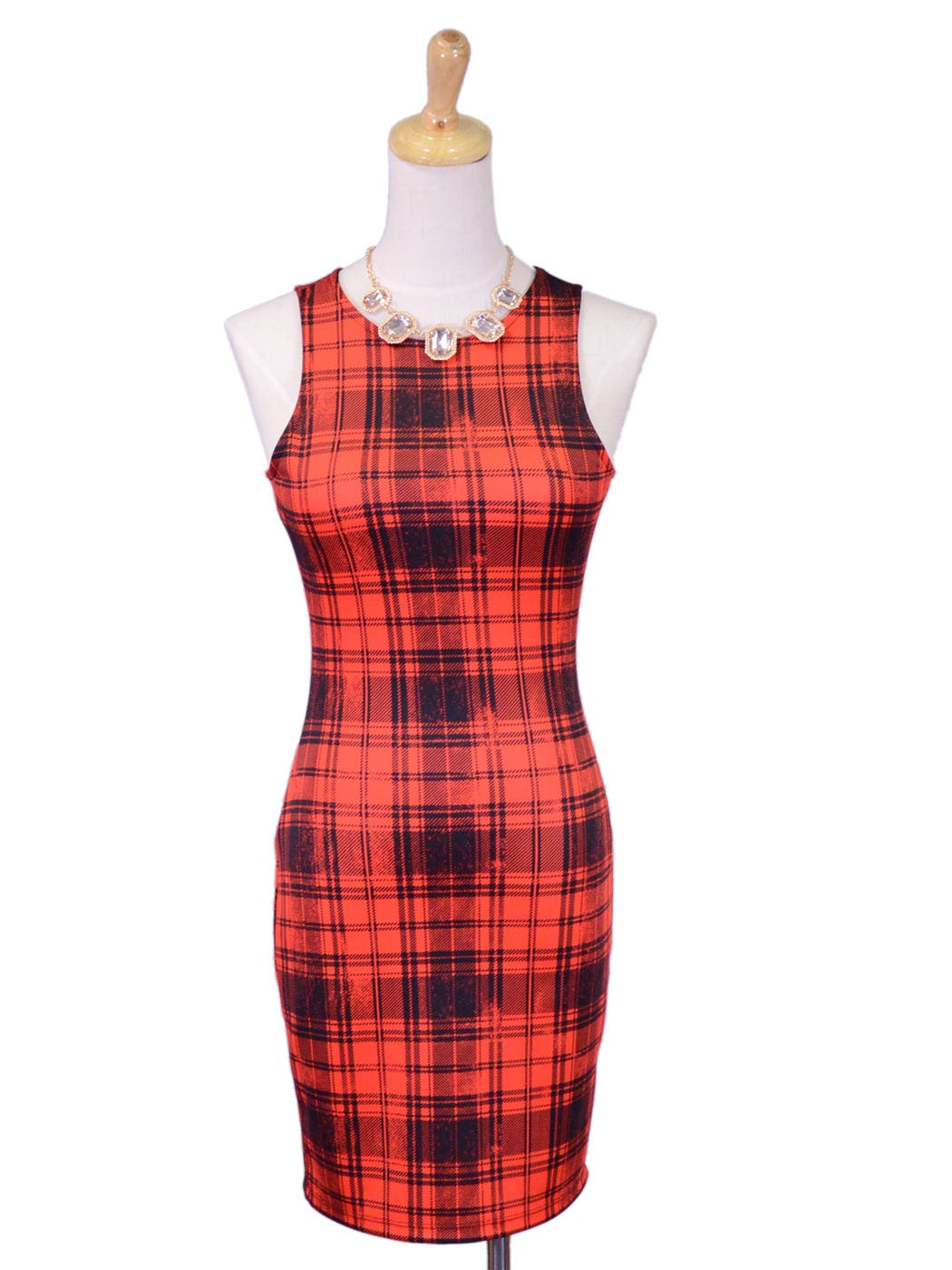 Cherry Mellow Girly Glam Plaid Print Bodycon Tank Knit Party Dress