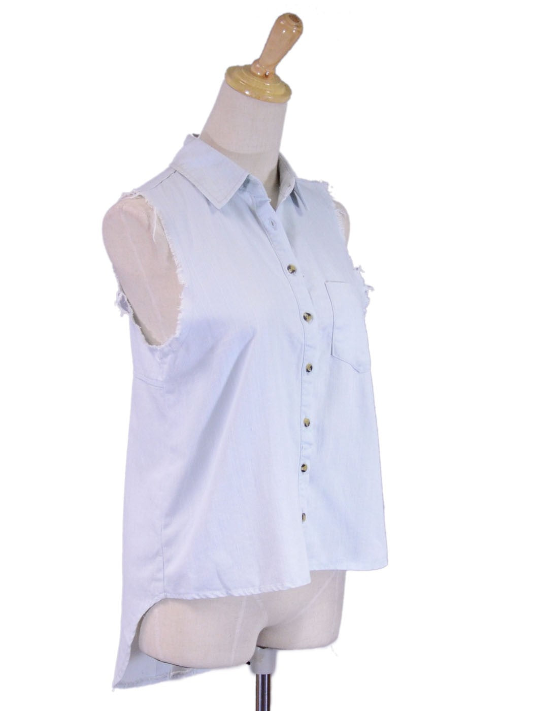 Oxford Circus Denim Collar Destroyed Sleeves Button Down Tailed Back Shirt Tank