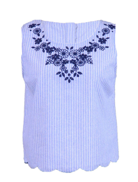 Blue Pepper Country Parade Embroidered Neckline Scallop Hem Button Back Top