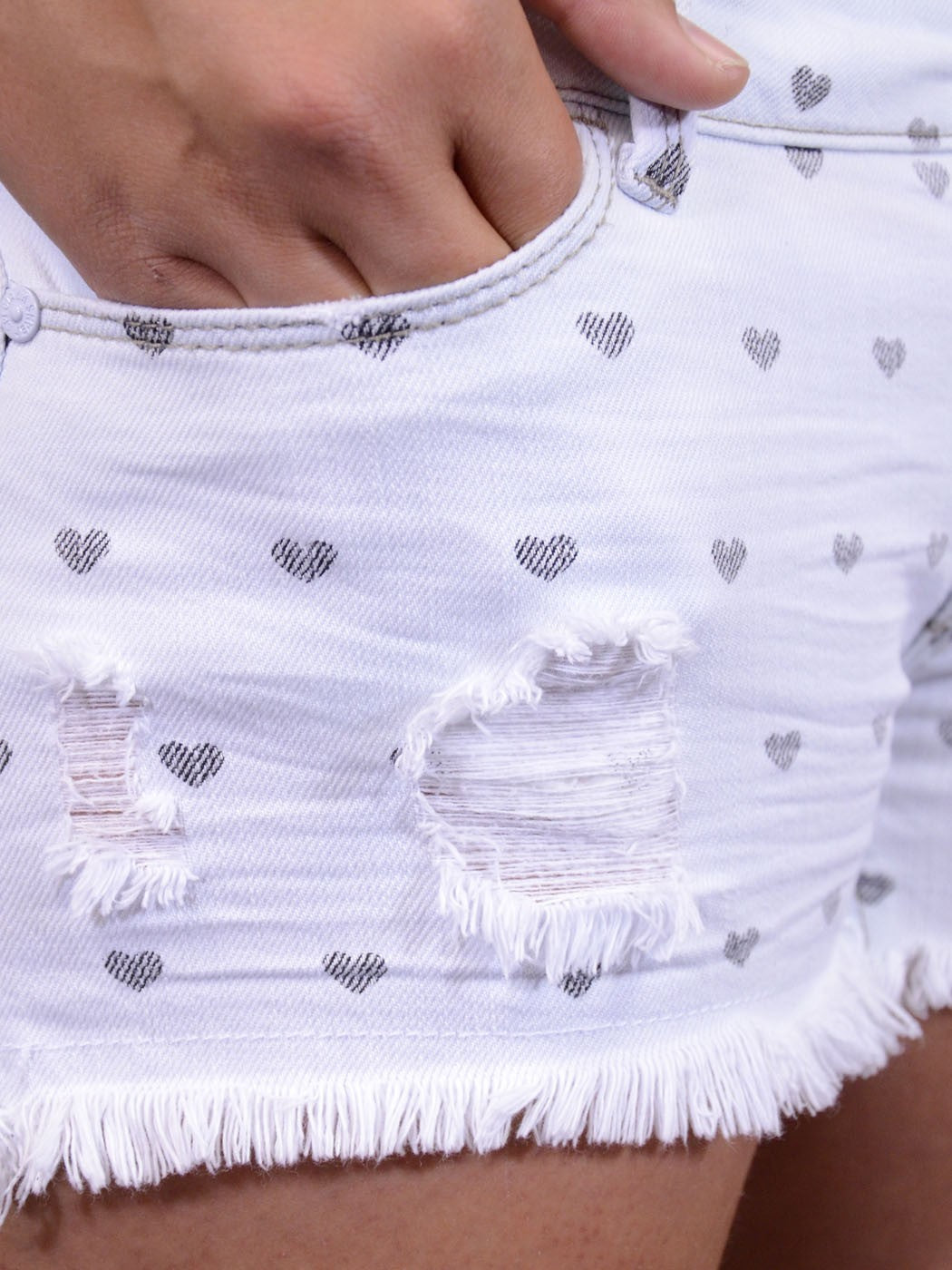 Anna-Kaci Sweet Mini Heart Prints Destroyed Light Denim Mini Shorts