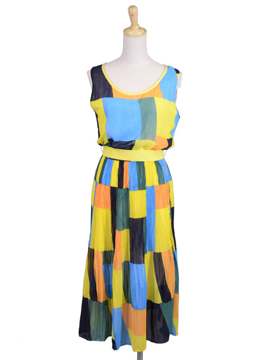 Trendology Feminine Bold Pleated Abstract Block Print Spring Mid Length Dress