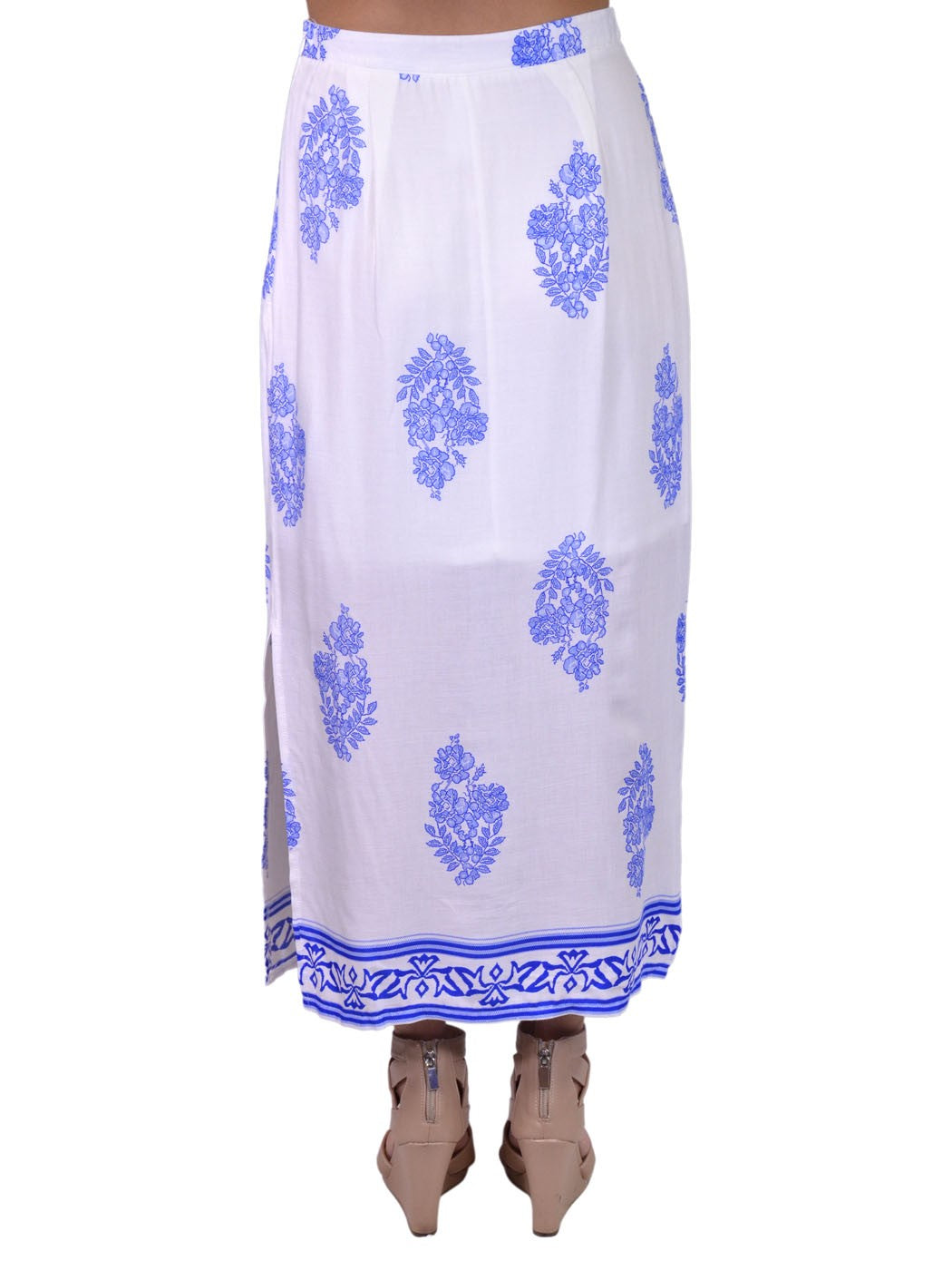 MonoB Grecian Peasant Inspired Blue Pixel Floral Print High Waist Maxi Skirt