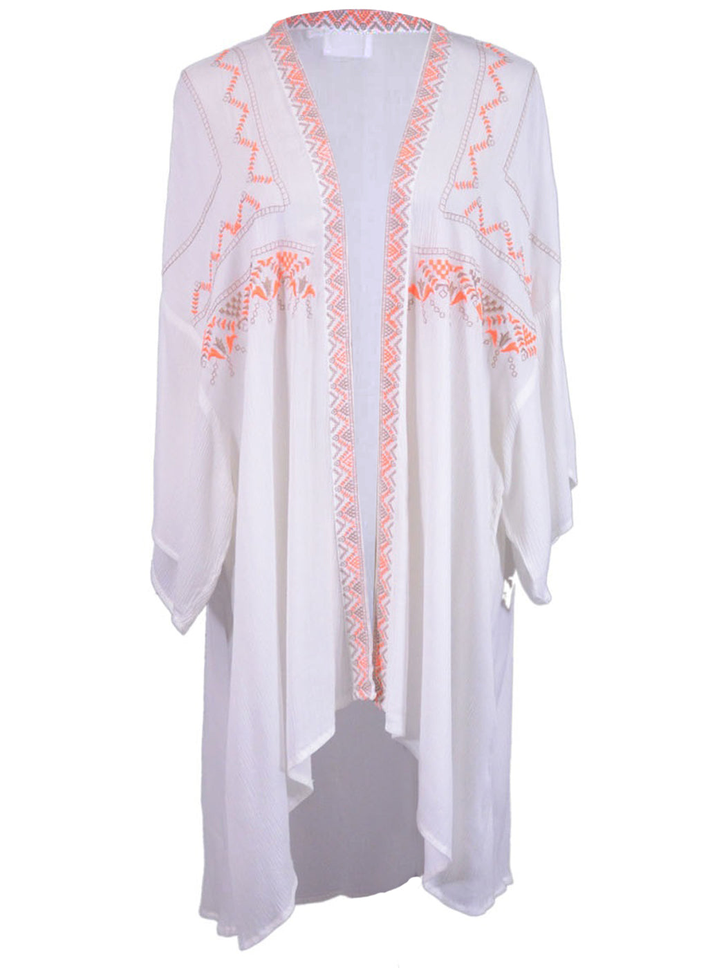 Lush Embroidery Trim Details Kimono Sleeves Hi-Low Long Open Front Cardigan