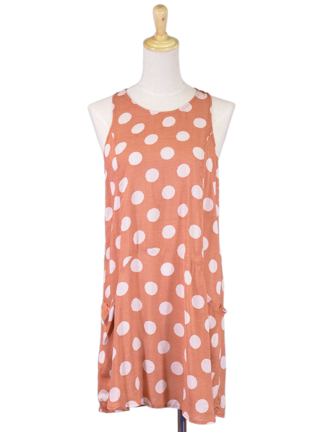 En Creme Vintage Inspired Polka Dot Print Two Pocket Cutout Back Woven Dress