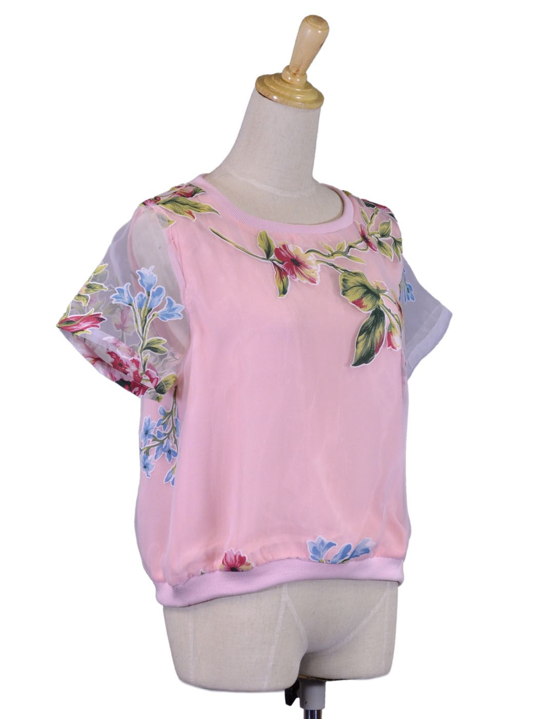Hypercrush Contempo Sheer Peony Flower Short Sleeve Organza Knit Blouse Top