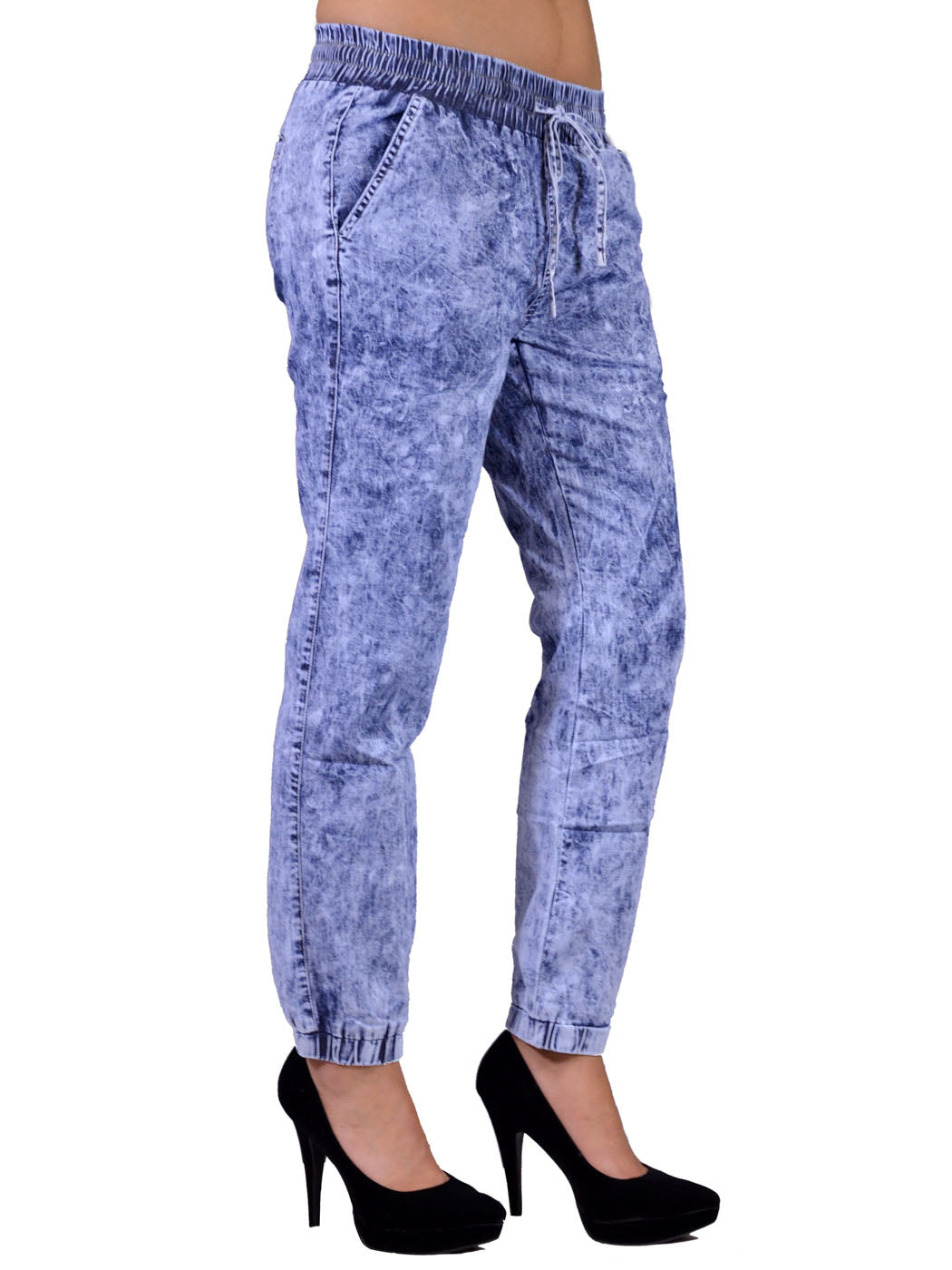 Uniq Urban Glam Bleached Splattered Elastic Waist Drawstrings Jogger Denim Pants