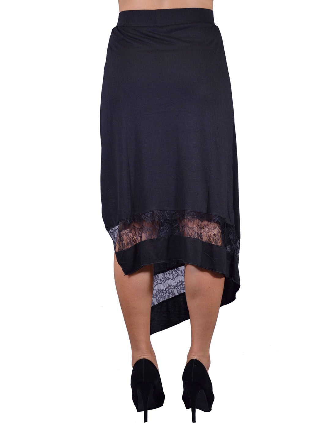En Creme Fanciful Asymmetrical Lace Details Elastic Waist Jersey Knit Skirt