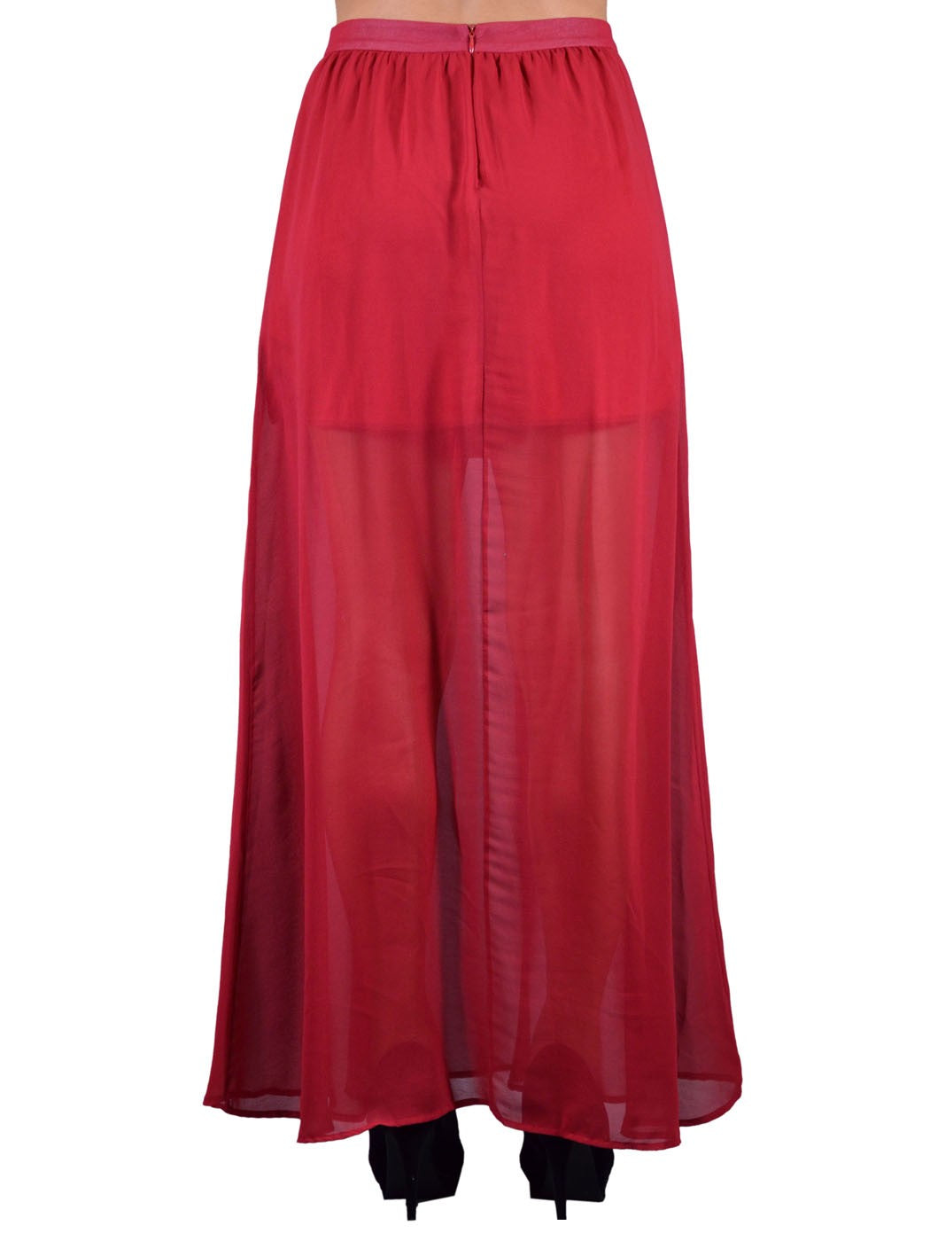 Lush Red Fire Risque Pleated Zipper Back Chiffon Flowy Maxi Skirt