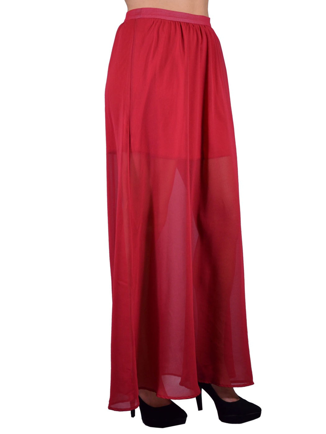 Lush Red Fire Risque Pleated Zipper Back Chiffon Flowy Maxi Skirt