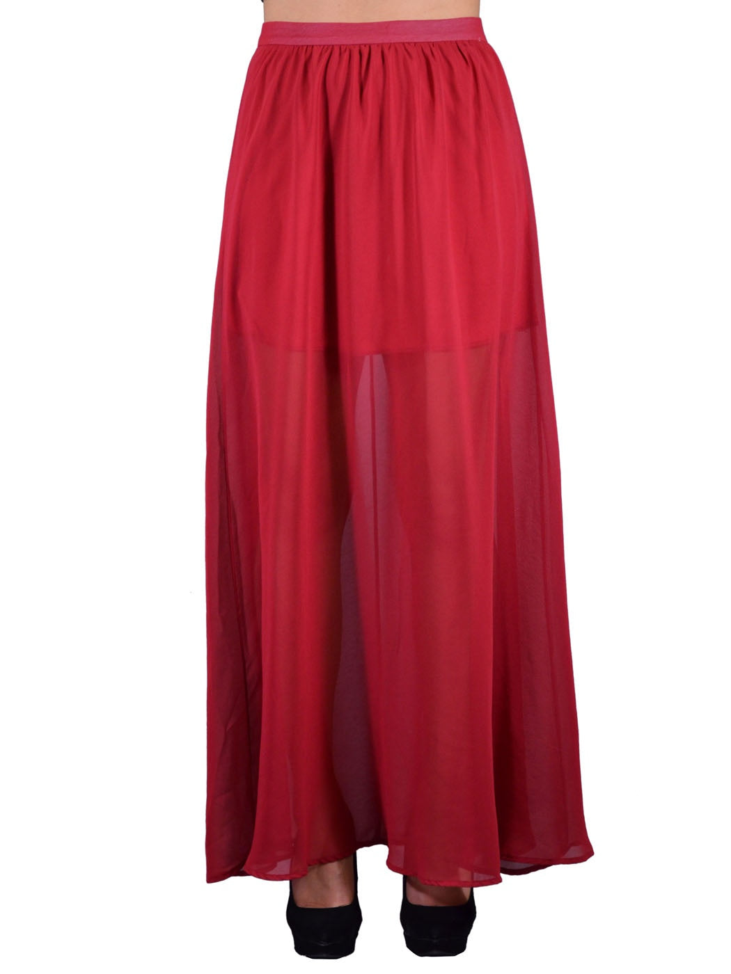 Lush Red Fire Risque Pleated Zipper Back Chiffon Flowy Maxi Skirt