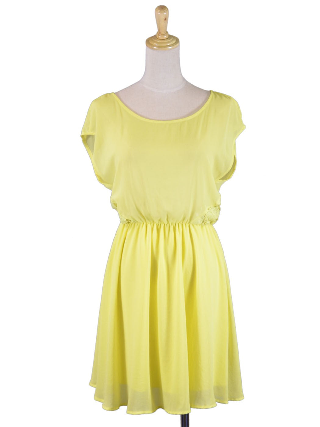 Lush Flavescent Lemon Side Lace Detail Elastic Waist Chiffon Summer Dress