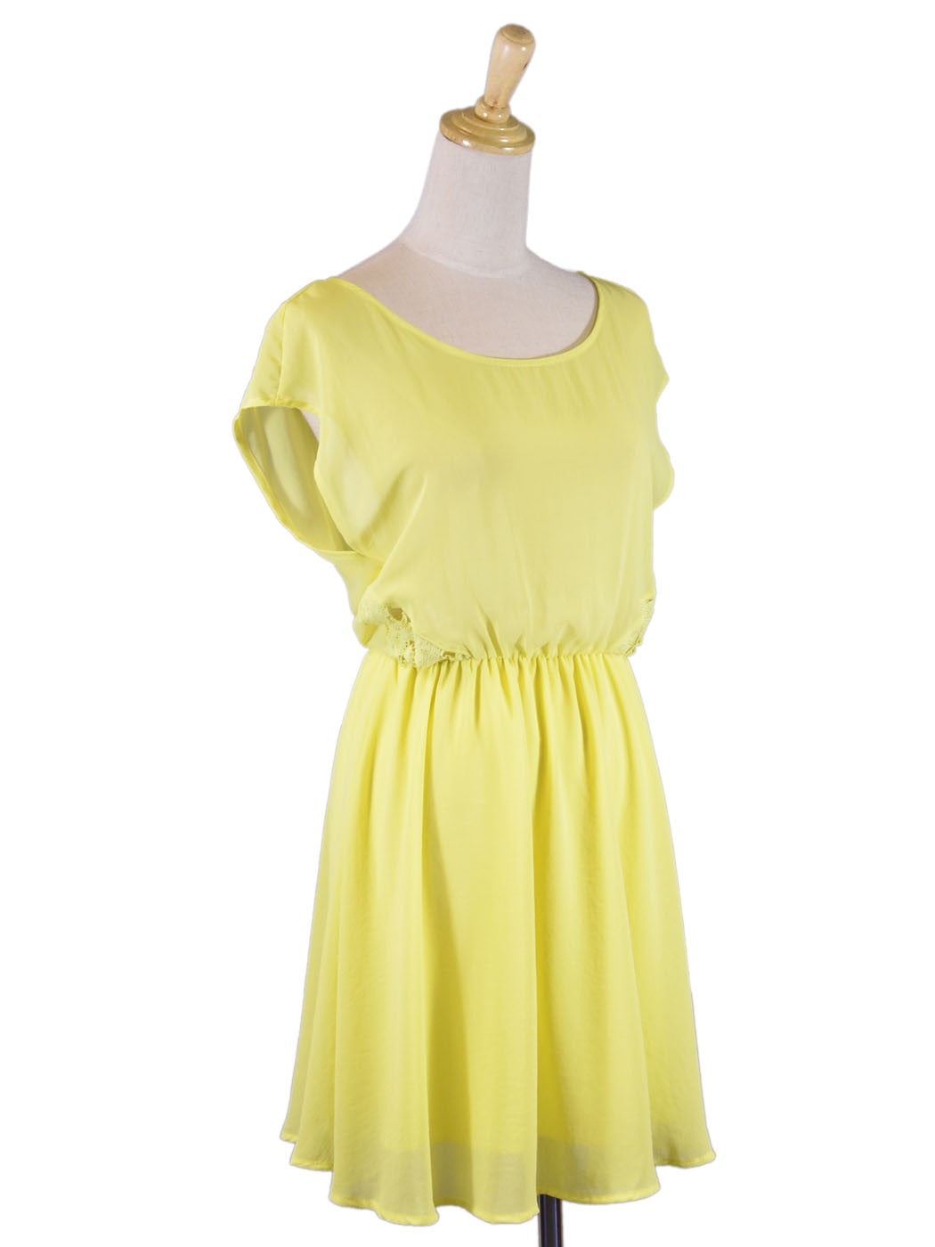 Lush Flavescent Lemon Side Lace Detail Elastic Waist Chiffon Summer Dress