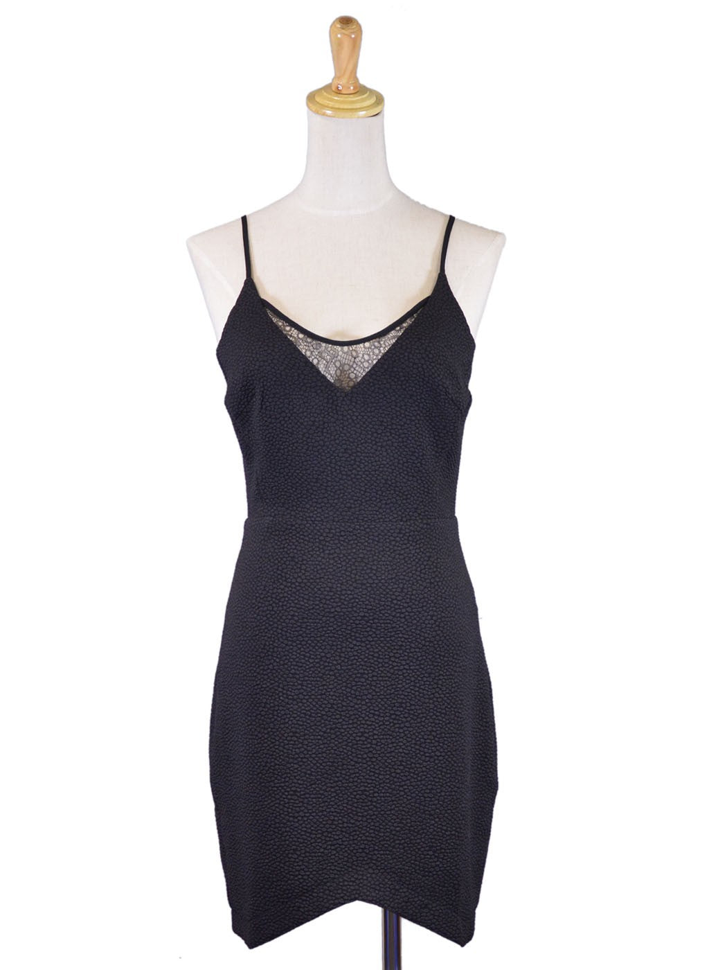 Lush Hot Seductive Lace Neckline Textured Bodycon V-Hem Little Black Knit Dress