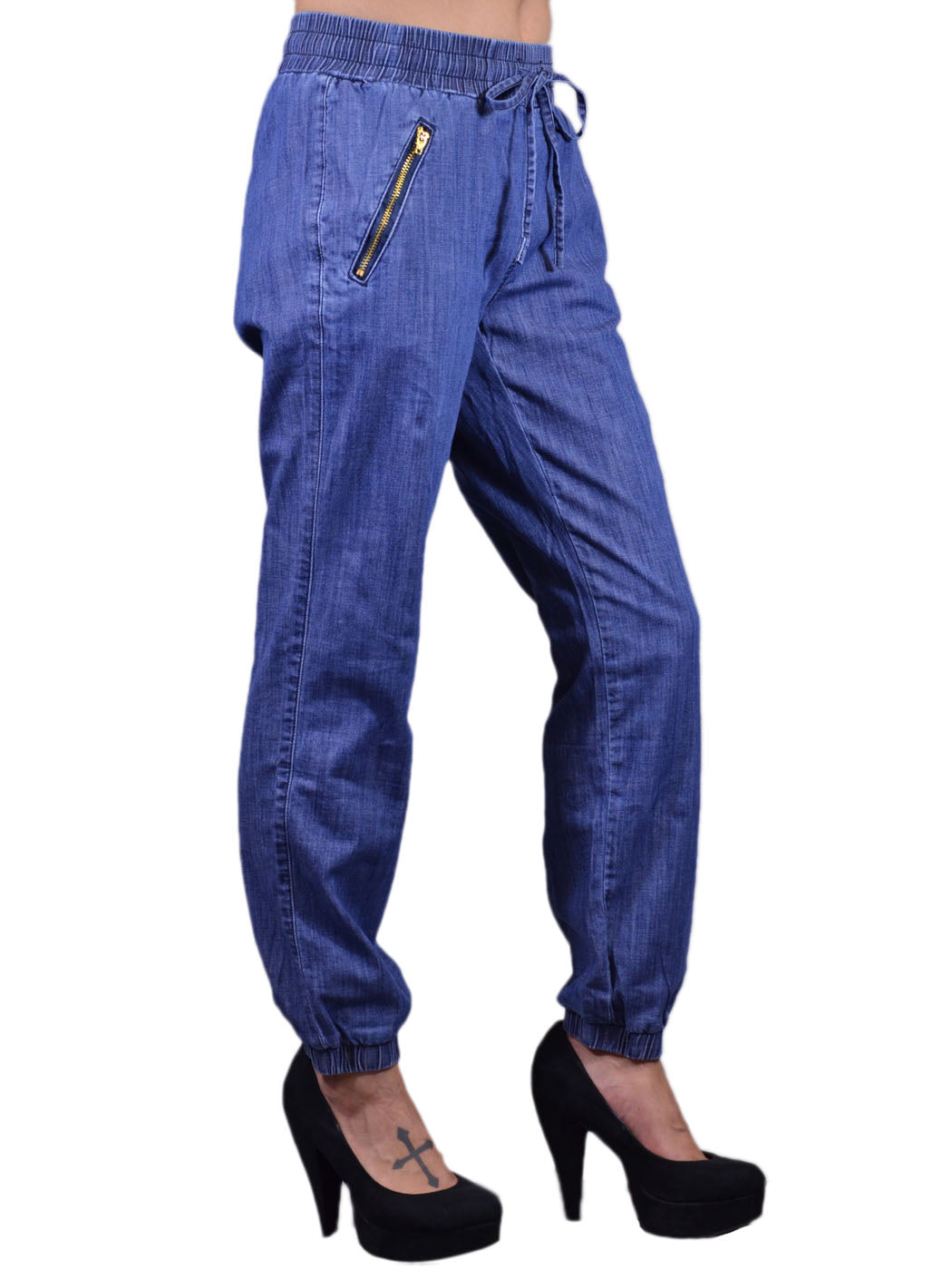 Uniq Upbeat Urban Chic Zipper Pockets Elastic Waist Comfy Jogger Denim Pants