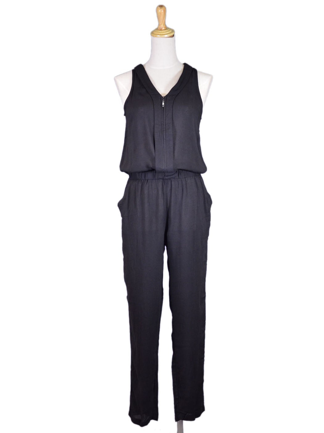 Uniq Urban Street Style Sleeveless V-Neck Zipper Front Elastic Waist Jumpsuit