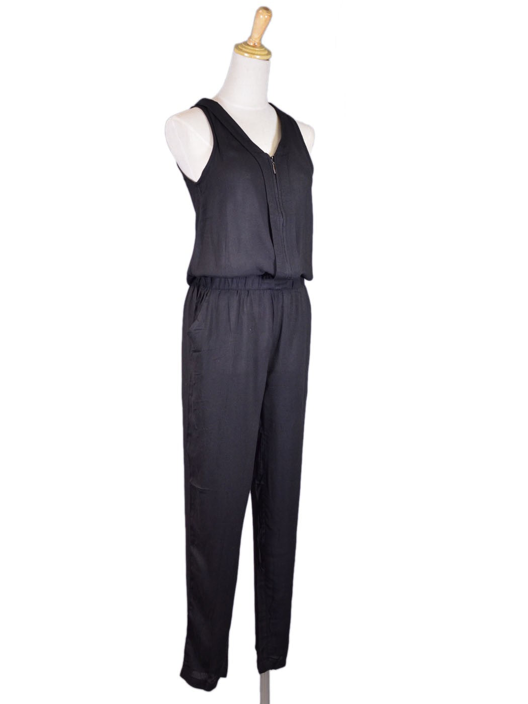 Uniq Urban Street Style Sleeveless V-Neck Zipper Front Elastic Waist Jumpsuit