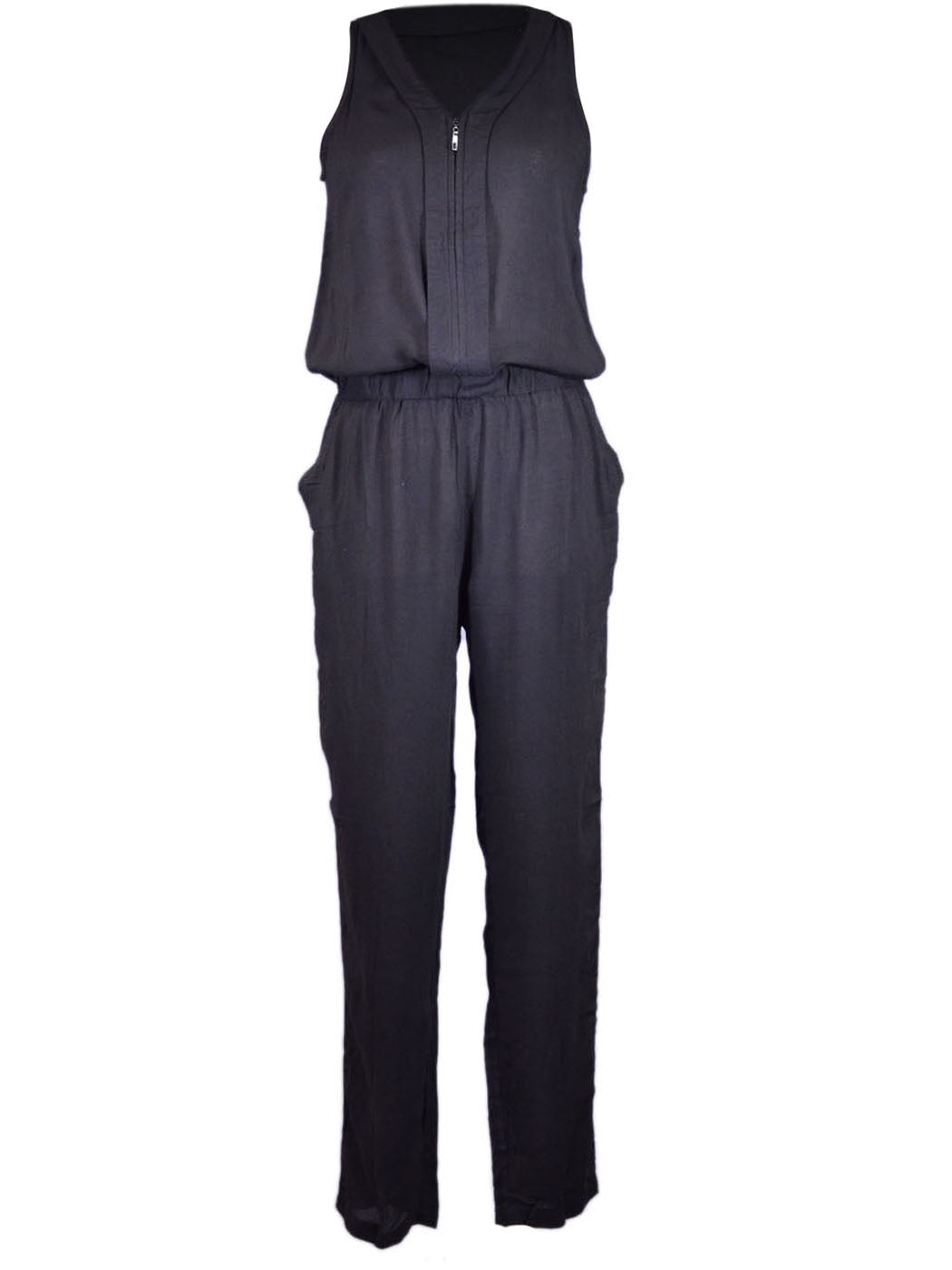 Uniq Urban Street Style Sleeveless V-Neck Zipper Front Elastic Waist Jumpsuit