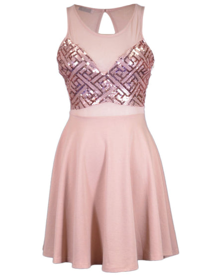 Lush Brand Pink Geometric Sequin Pattern Sheer Yoke Key Hole Detail Dress