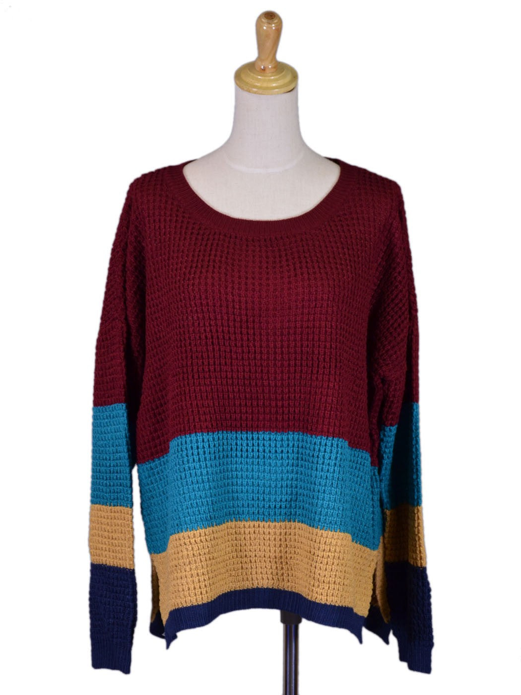 Everly Brand Red, Blue & Tan Color Block Look Thick Cable Knit Sweater