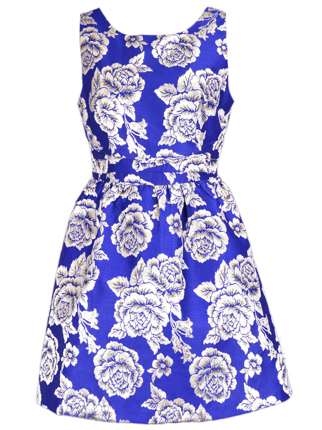 Ark & Co Brand Vibrant Blue Gold Rose Floral Metallic Sheen Holiday Party Dress