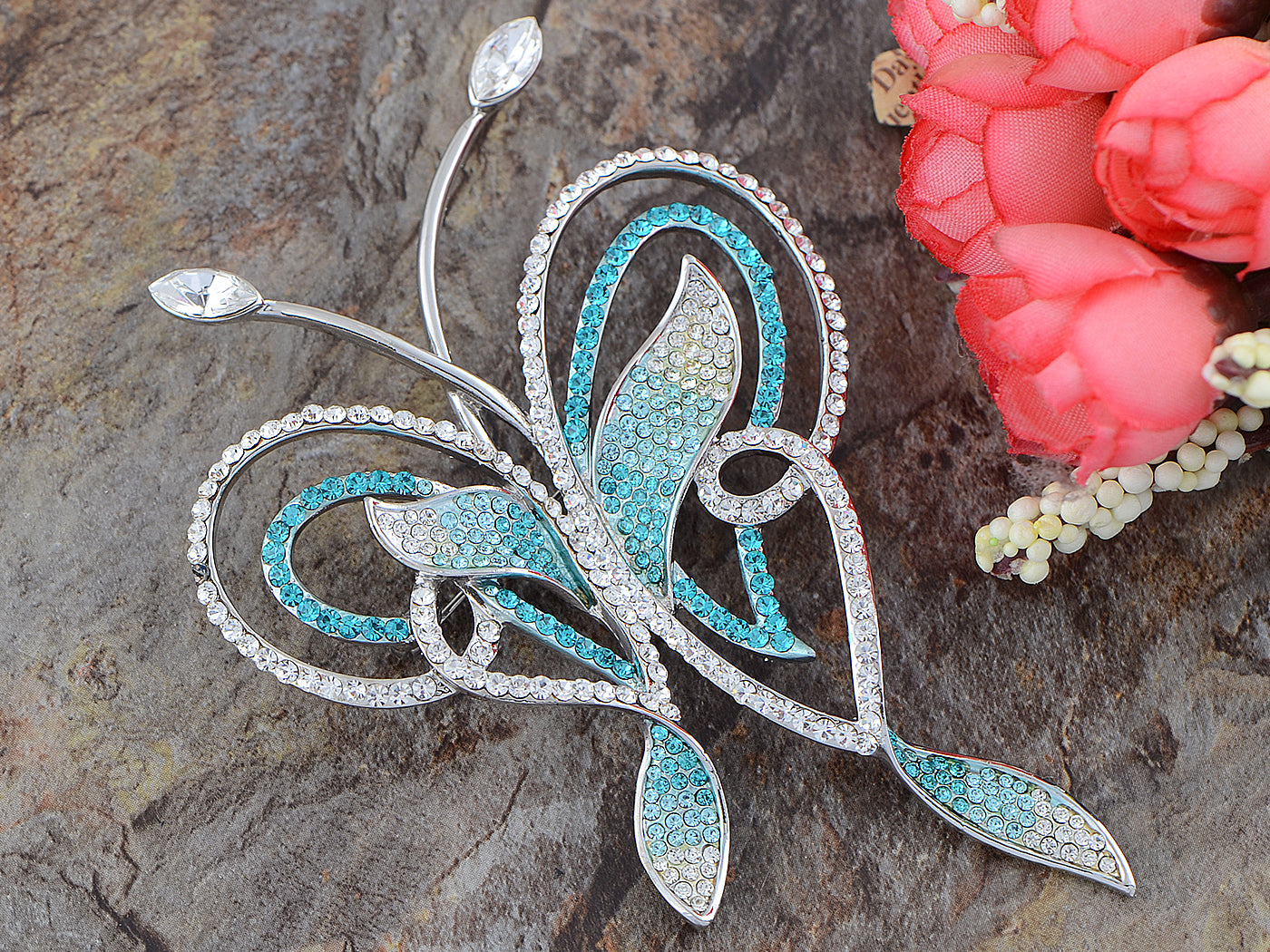 Swarovski Crystal Zircon Blue Abstract Butterfly Outline Pin Brooch