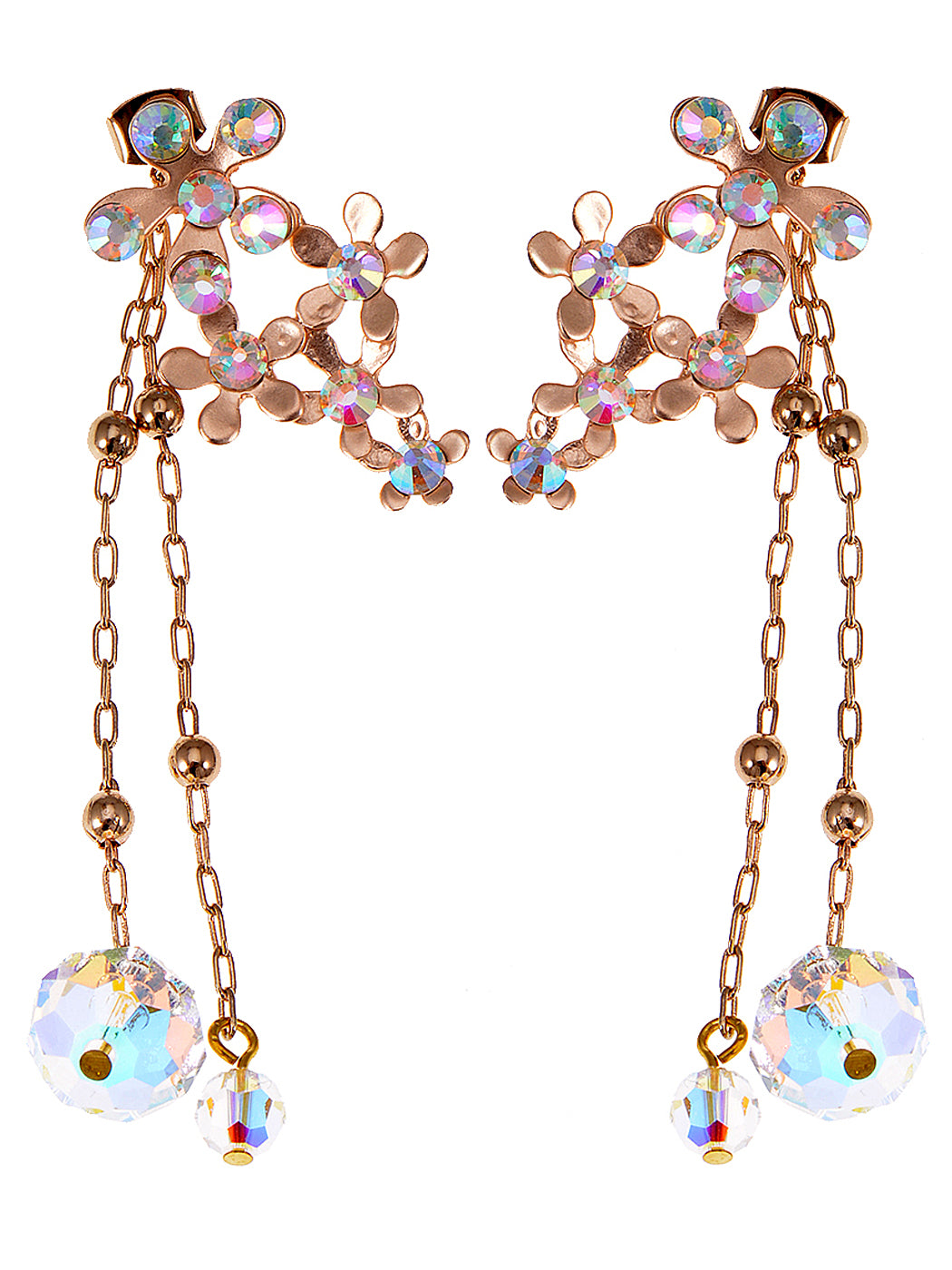 Swarovski Crystal Element Gold Iridescent Daisy Cluster Flower Chain Drop Earrings