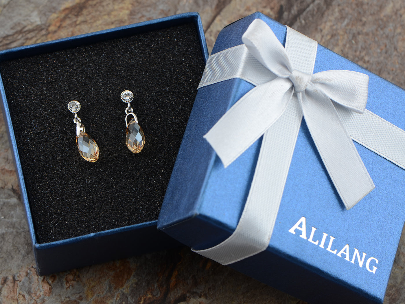 Swarovski Crystal Element Silver Light Topaz Orange Colored Teardrop Dangle Earrings