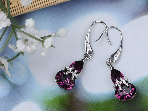 Swarovski Crystal Element Silver Amethyst Purple Colored Lucky Chinese Ribbon Gourd Dangle Earrings