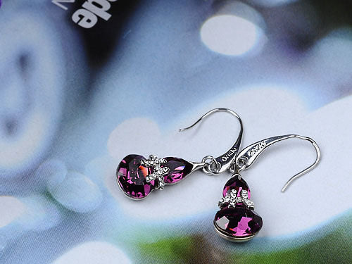Swarovski Crystal Element Silver Amethyst Purple Colored Lucky Chinese Ribbon Gourd Dangle Earrings