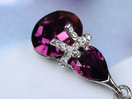 Swarovski Crystal Element Silver Amethyst Purple Colored Lucky Chinese Ribbon Gourd Dangle Earrings