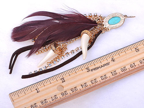 Vintage Turquoise Feather Tusk Beaded Chocolate Brown Earrings