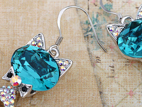 Swarovski Crystal Element Silver Aurora Borealis Colored Kitty Cat Fish Hook Earrings