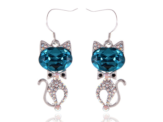 Swarovski Crystal Element Silver Aurora Borealis Colored Kitty Cat Fish Hook Earrings