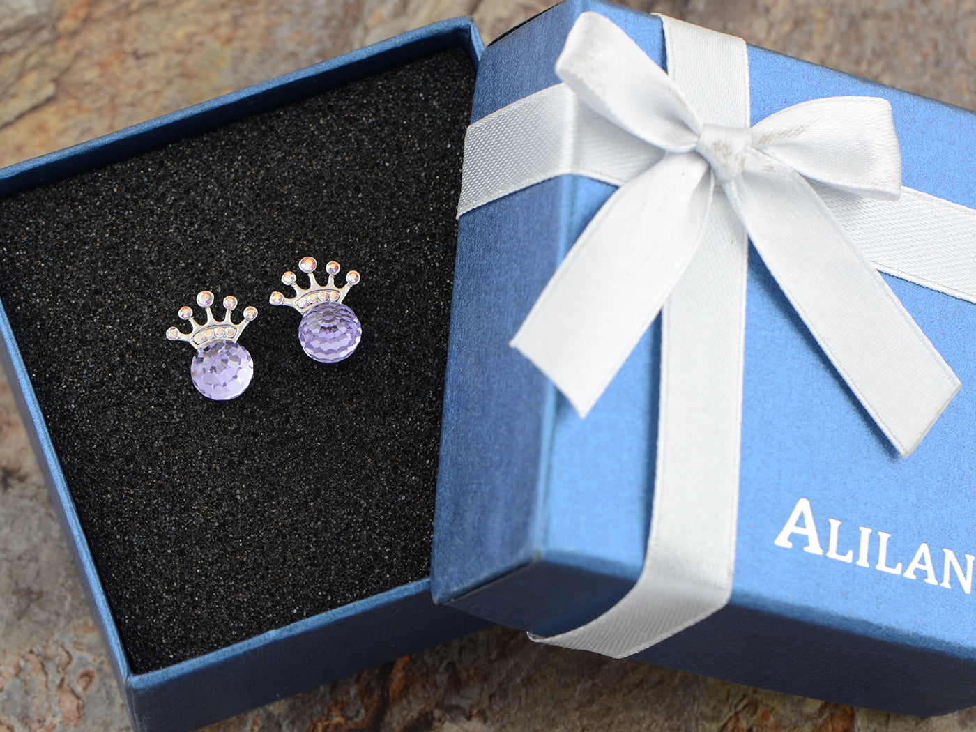 Swarovski Crystal Element Silver Violet Purple Colored Sphere Ball Crown Stud Earrings