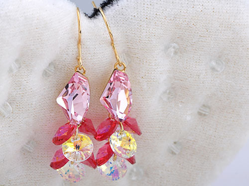 Swarovski Crystal Element Silver Rose Pink Colored Cluster Gems Fish Hook Dangle Earrings