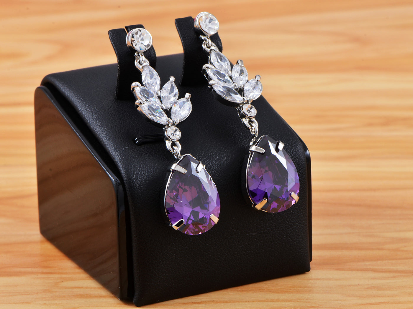 Swarovski Crystal Element Silver Purple Teardrop Leaf Dangle Earrings
