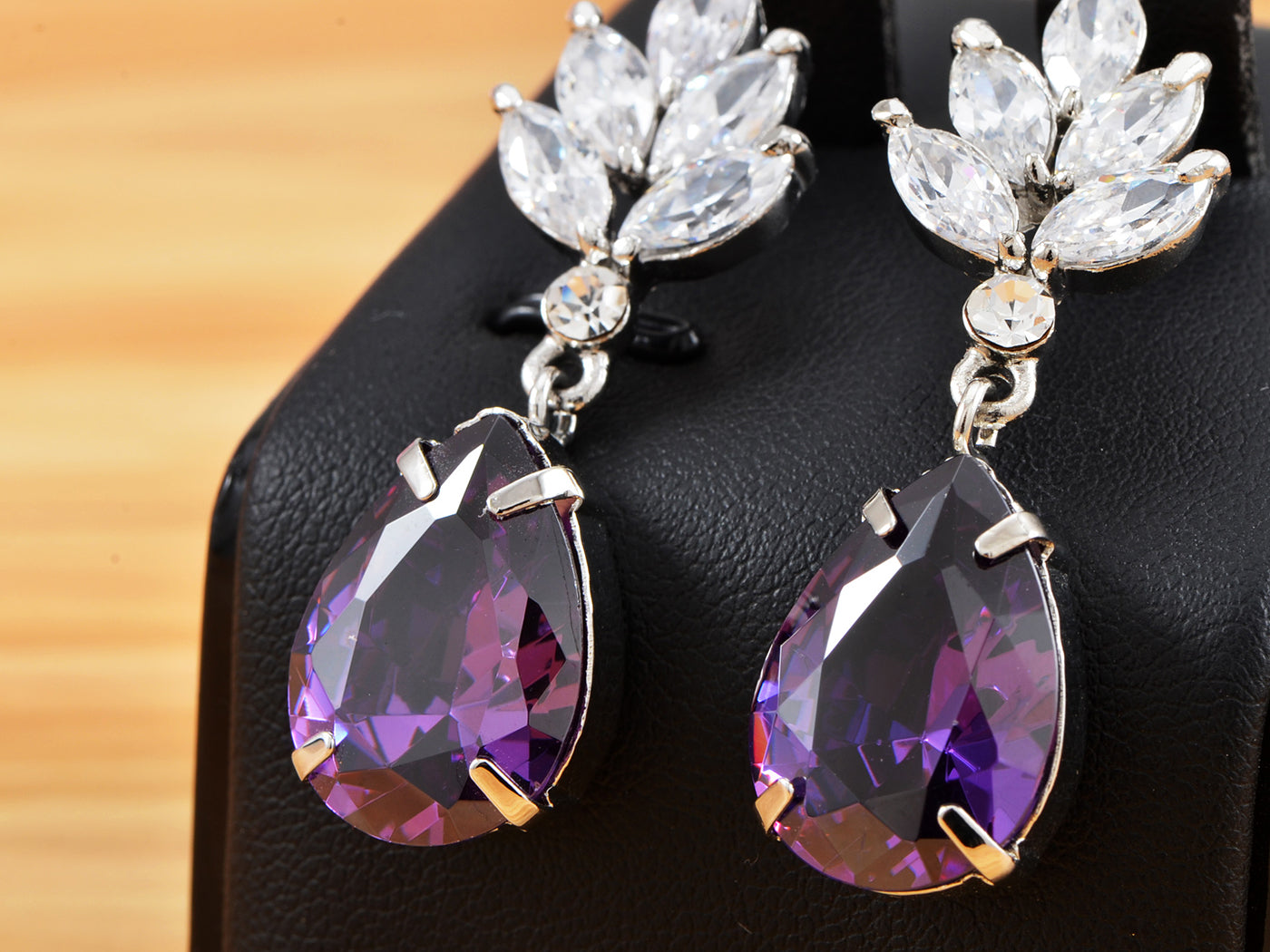 Swarovski Crystal Element Silver Purple Teardrop Leaf Dangle Earrings