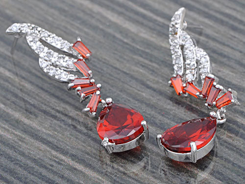 Swarovski Crystal Element Silver Ruby Red Colored Abstract Music Note Dangle Earrings