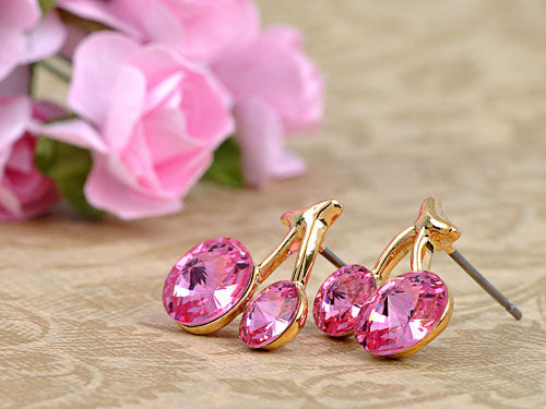 Swarovski Crystal Element Gold Rose Pink Colored Cherry Fruit Mini Stud Earrings