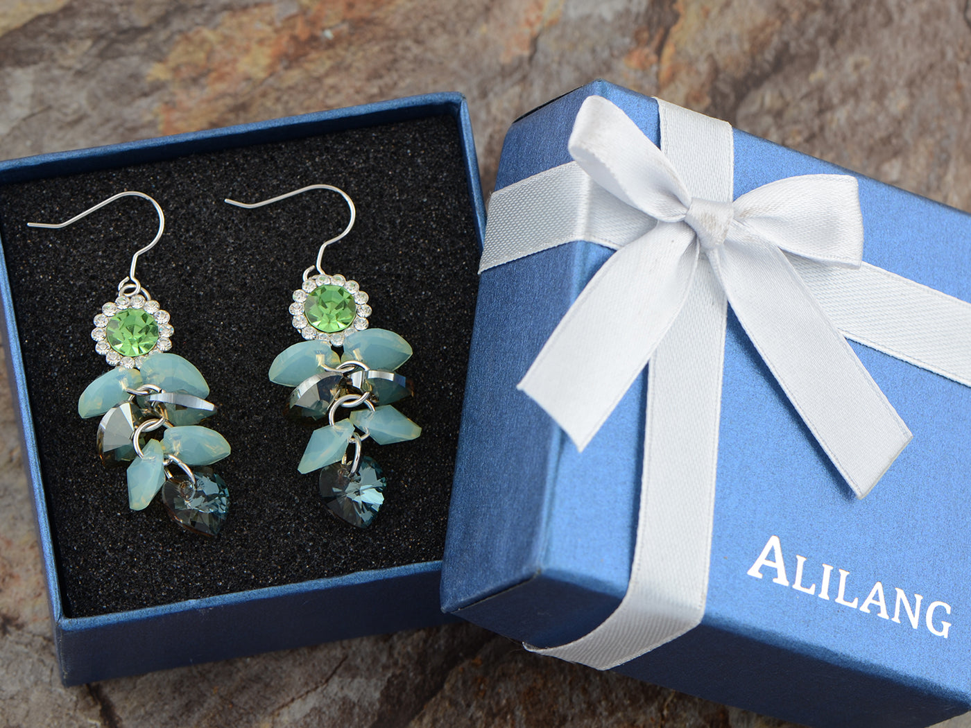 Swarovski Crystal Element Silver Floral Mint Opal Colored Cluster Dangle Earrings