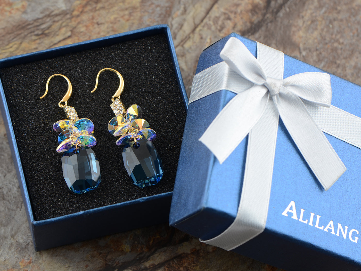 Blue Clear Swarovski Crystal Teardrop Dangle Hook Earrings