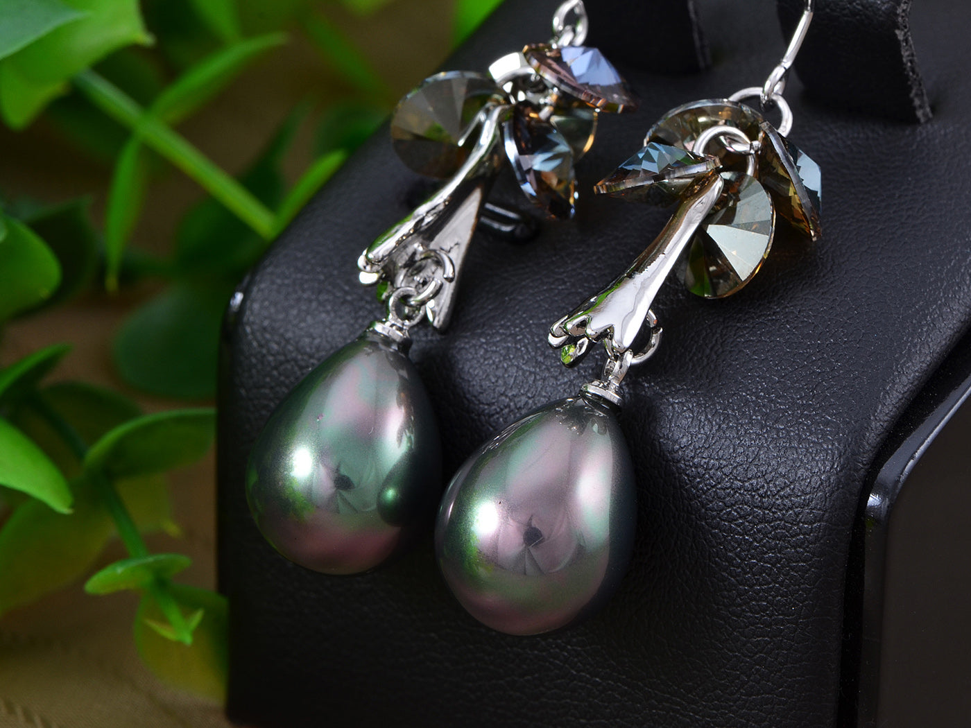 Swarovski Crystal Element Silver Grey Pearl Teardrop Cluster Fish Hook Dangle Earrings