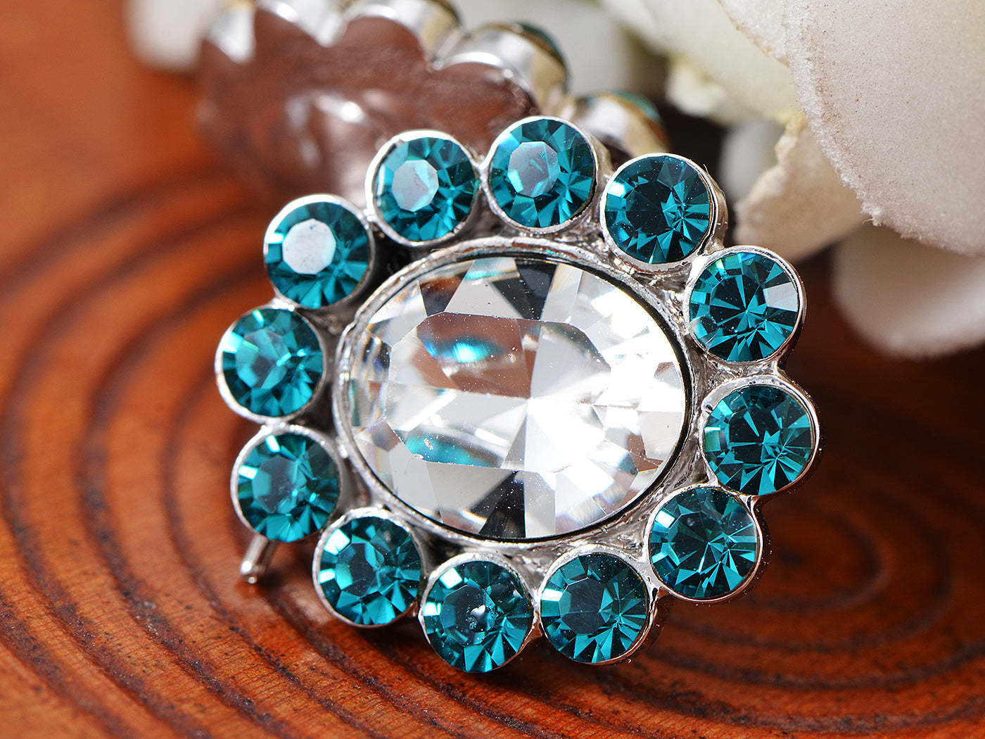 Swarovski Crystal Element Silver Zircon Blue Colored Floral Flower Petal Stud Earrings