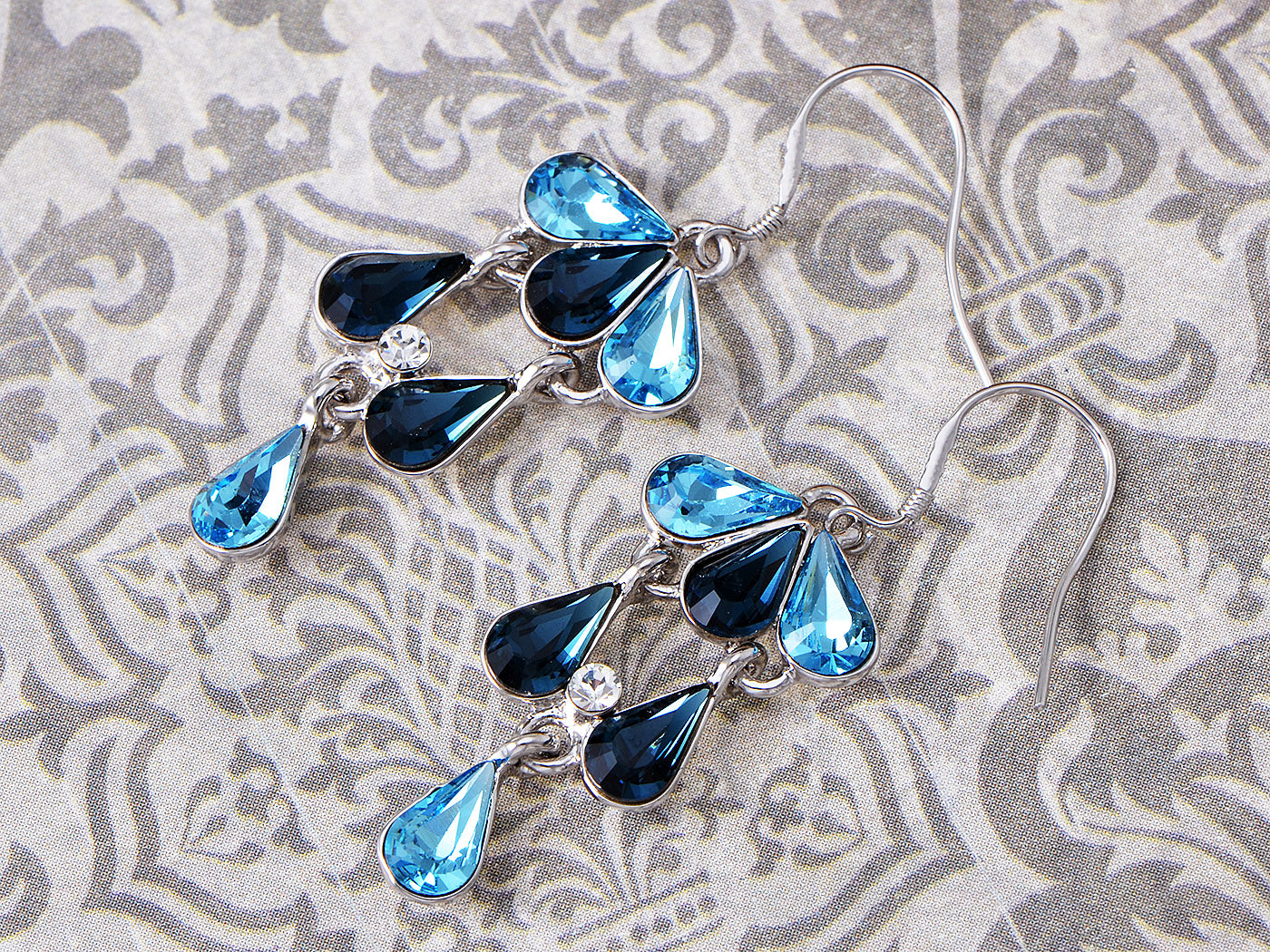 Swarovski Crystal Element Silver Blue Rain Teardrop Cluster Fish Hook Dangle Earrings