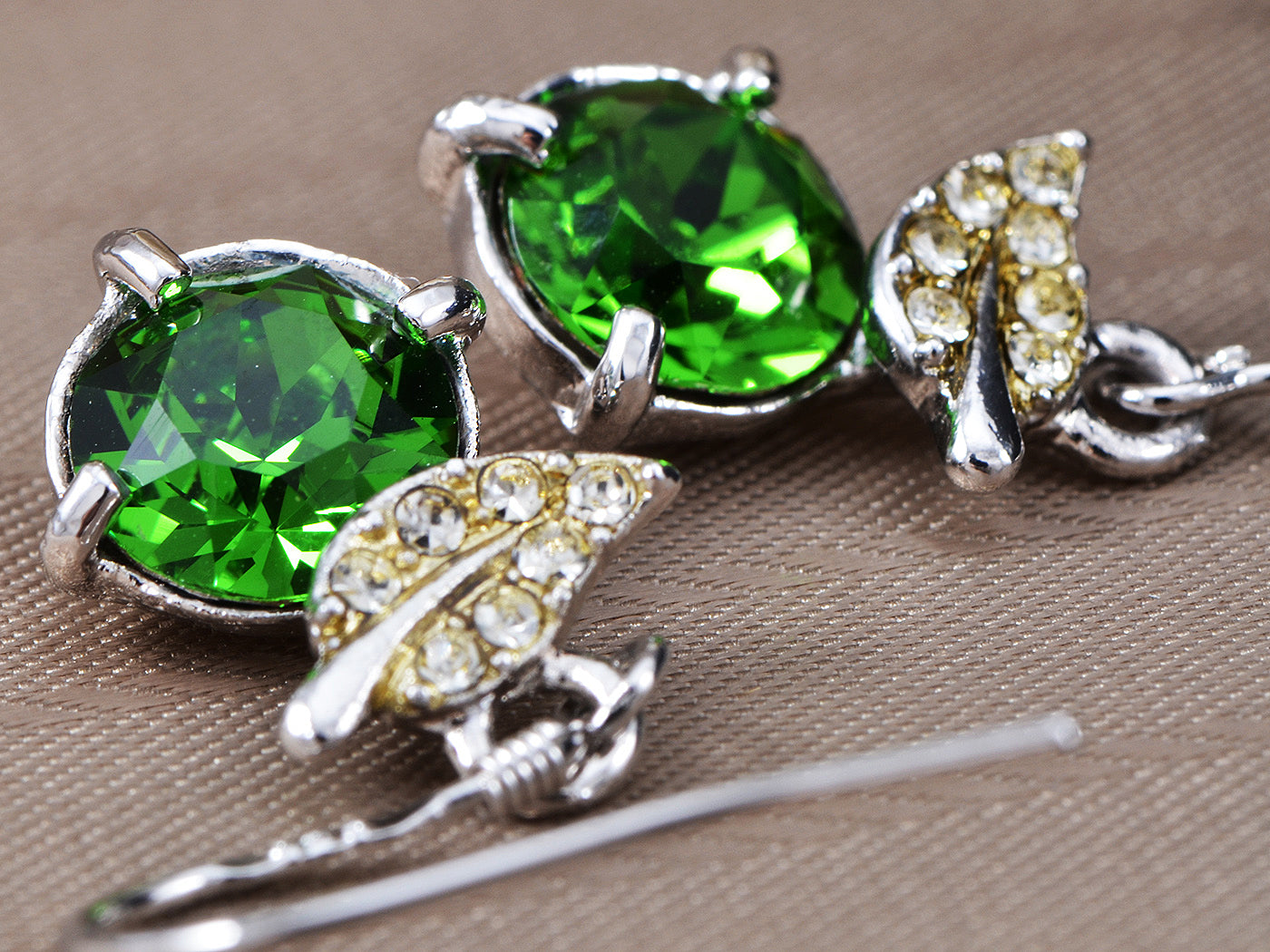 Swarovski Crystal Element Silver Green Leaf Circle Fish Hook Dangle Earrings