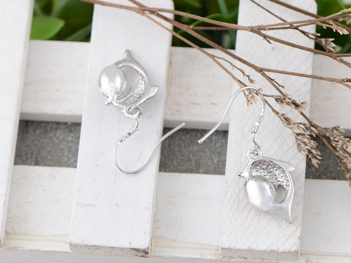 Swarovski Crystal Element Silver Pink Sea Dolphin Fish Hook Dangle Earrings